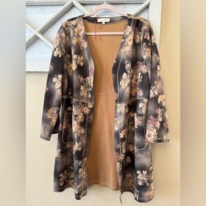 Anthropologie Solitaire Floral Faux‎ Suede Open Front Coat Duster Womens Large